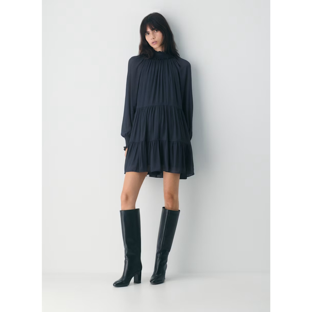 Artizia Wilfred Holly Crinkle Chiffon Tiered Mockneck Black Mini Dress Large